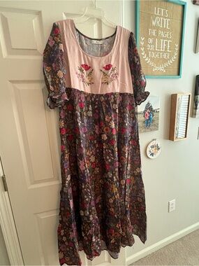 Natural Life 🌸 Floral Embroidered Puff-Sleeve Maxi Dress - Pink & Floral